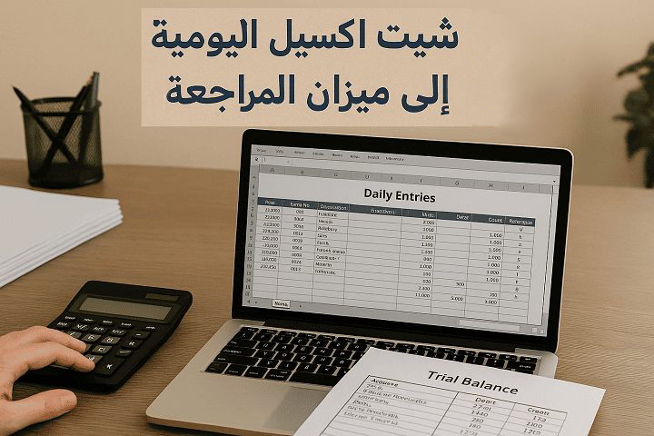 شيت حسابات من قيود اليوميه الي ميزان المراجعه